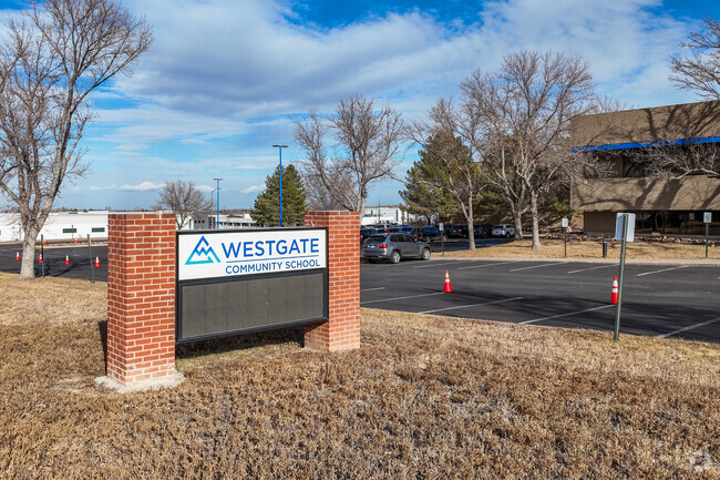 The school sign at Westgate Community School in Thornton, Colorado.