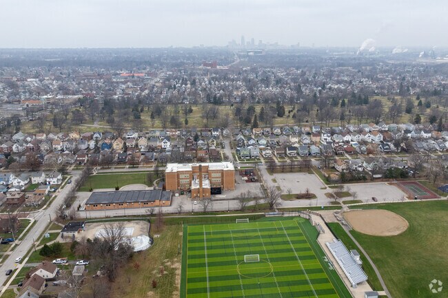 Aerial view of William C Bryant Elementary School and Cleveland skyline.