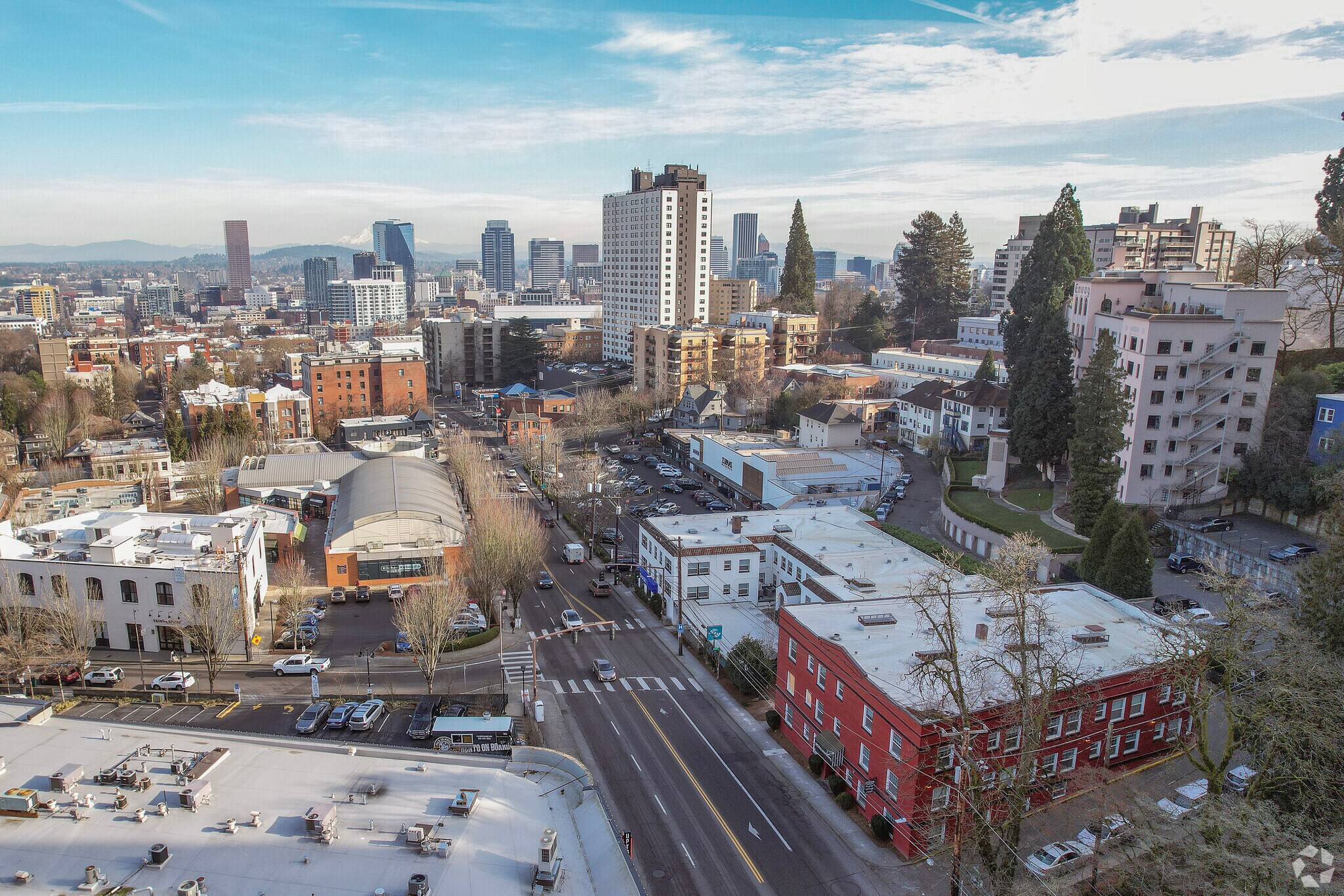 Zoomed out view of Burnside Street in Goose Hollow, Oregon.
