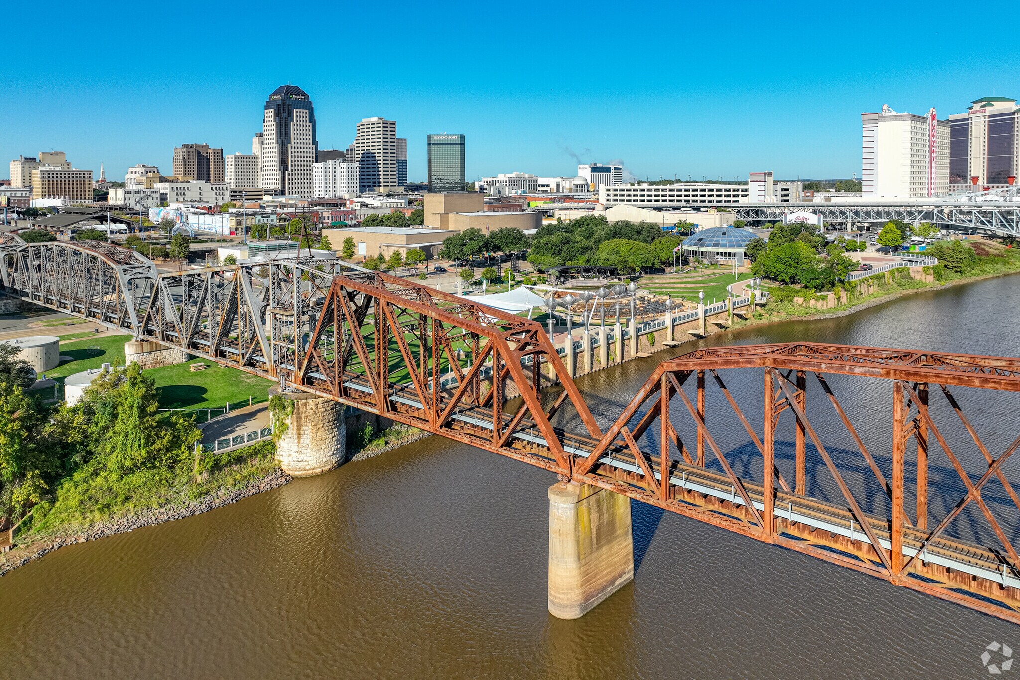 Elevated view of Downtown Riverfront showing the city and Red River.