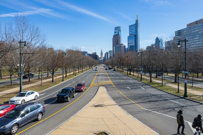 Ben Franklin Parkway is lined with trees in Logan Square in downtown of Philadelphia.