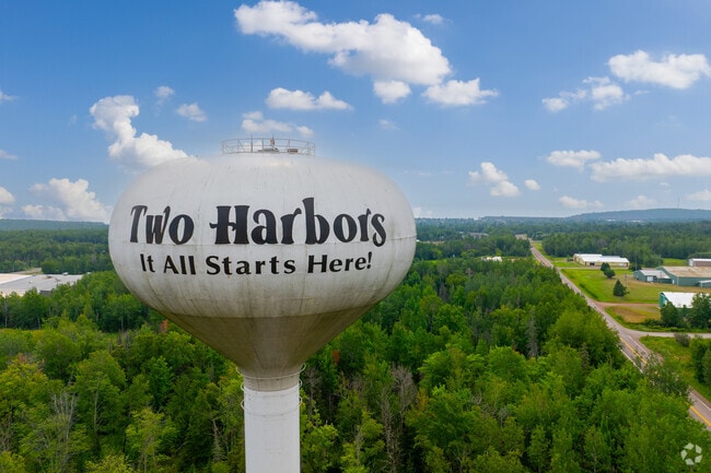 Water tower signage identifies Two Harbors from afar.
