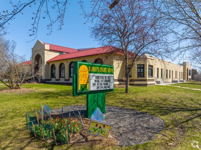 Randolph Heights Elementary school with a tulip test garden.