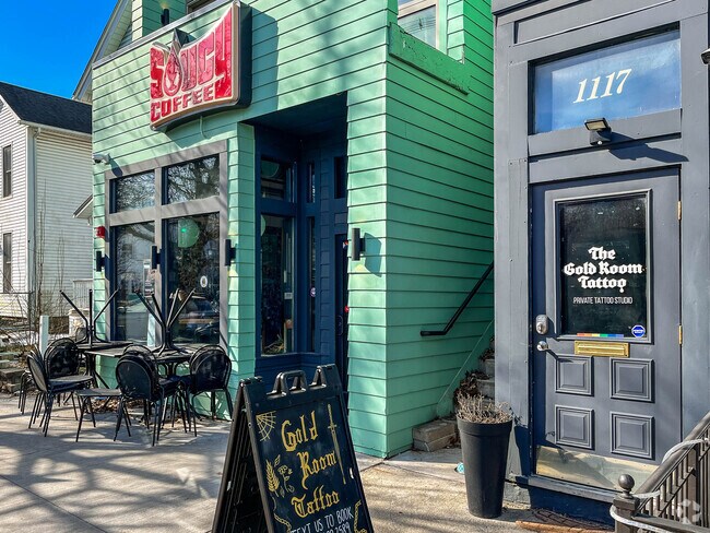 There are a lot of shops in Harrison West such as The Gold Room Tattoo and Soucy Coffee.