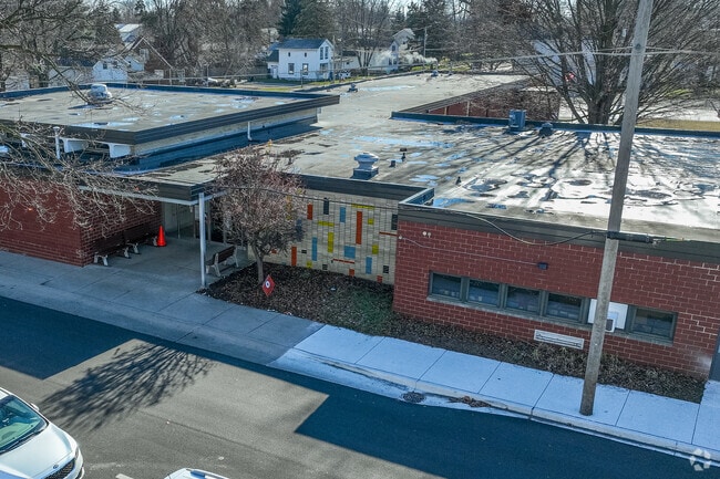 Woodbury Elementary School has a colorful front entrance into the building.