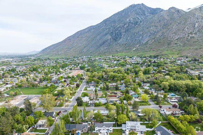 An aerial view of the Springville neighborhood looking north towards the Wasatch Mountains.