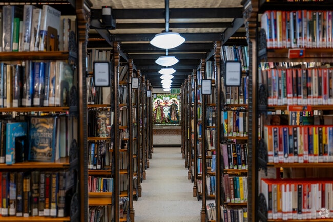 The Pequot Library in Southport features a room with stained glass and glass floors above.