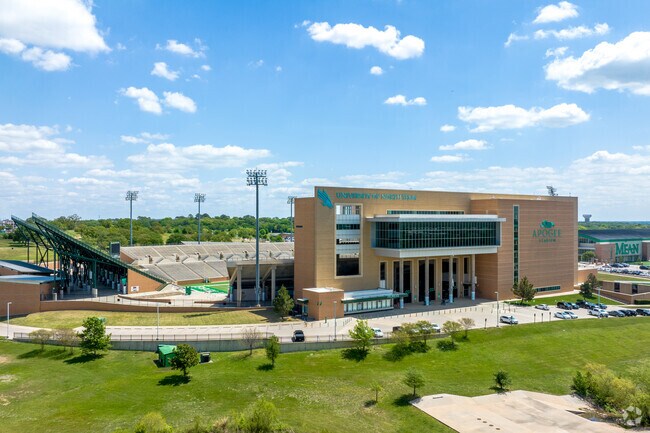 Apogee Stadium in Rayzor Ranch is where the Mean Green of the University Of North Texas compete.