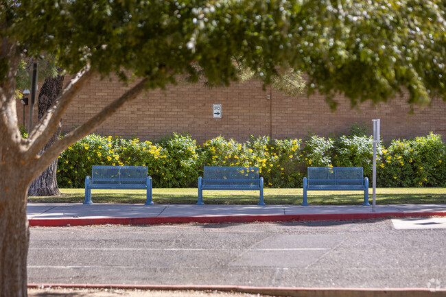Kids attending Mesa’s Shepherd Junior High School wait for the bus on shaded benches.