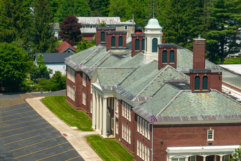 Edward R Andrews Elementary School is a classic brick school building with clock tower.