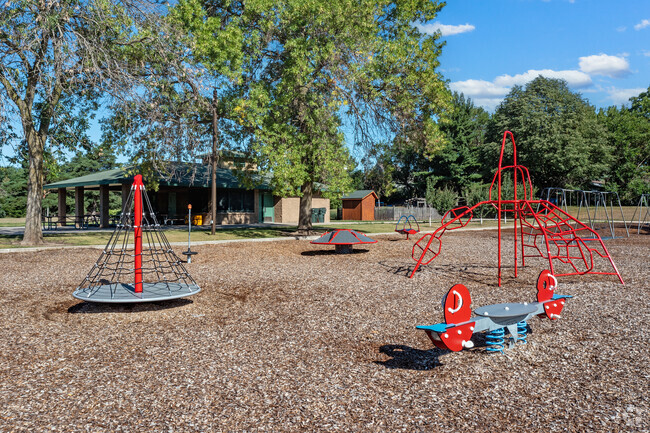 View of the playground and outdoor eating area at Prairie View Elementary in Eden Prairie MN.
