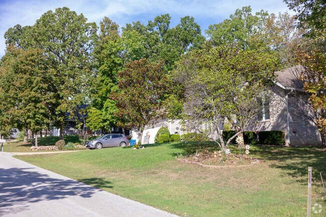 South Branson neighborhood offers a peaceful suburban street lined with lush greenery and a relaxing atmosphere.