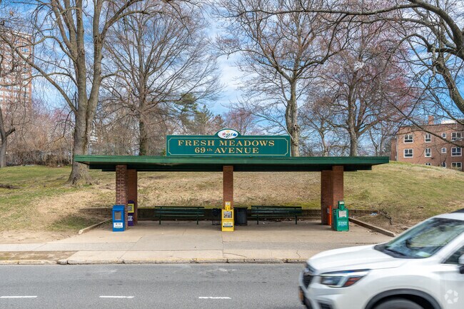 Unique to Fresh Meadows are the bus stop gazebos