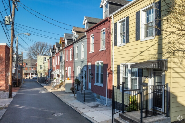 Townhomes with front stoops sit on quiet alleyway streets in Ross.