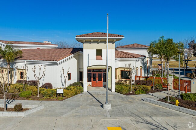 Mission Oak High School in Tulare showcases Spanish-style architecture at its entrance.
