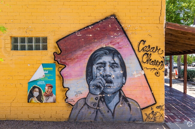 A mural of Cesar Chavez in Old Town honors the legacy of labor and civil rights.