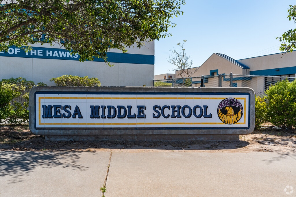 The sign at Mesa Middle School welcomes students and staff as they enter the campus.