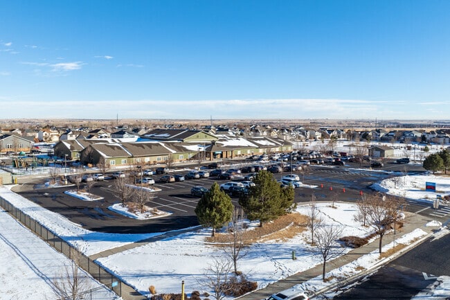 An overview of the west parking areas at Foundations Academy in Brighton, Colorado.