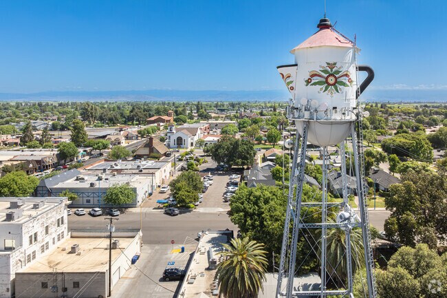 The Swedish Coffee Pot Water Tower in nearby Kingsburg seems to float above the Downtown Park.