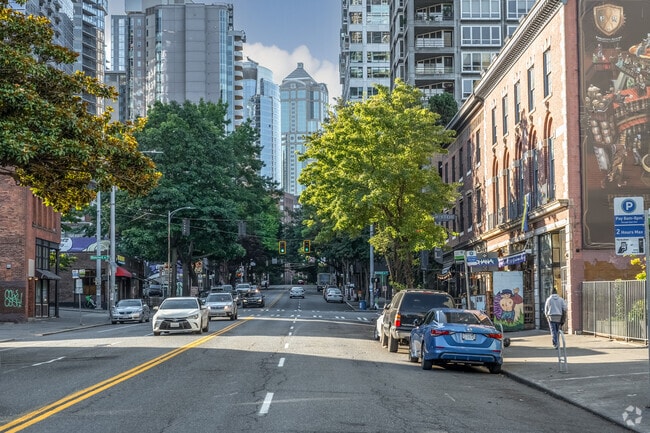 Residential buildings on 1st Avenue connect Downtown Seattle to Belltown.