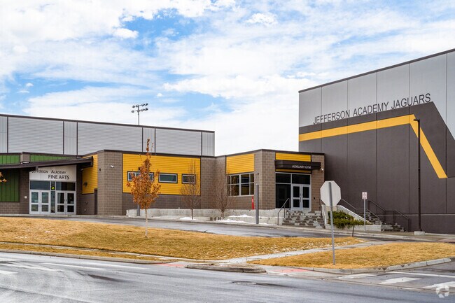 The north entrance at Jefferson Academy High School in Westminster, Colorado.