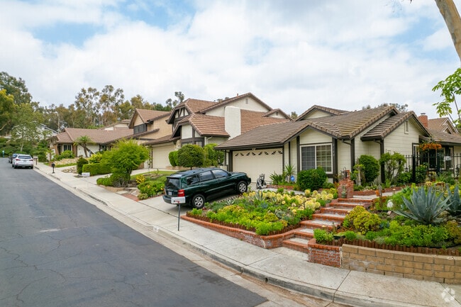 A picturesque row of well-maintained homes with manicured lawns lines Coyote Hills, Fullerton.