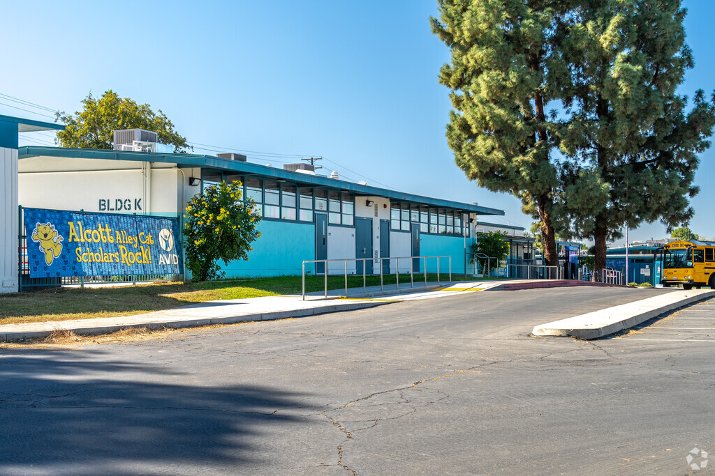 A view of the Alcott Elementary School buildings from the street.
