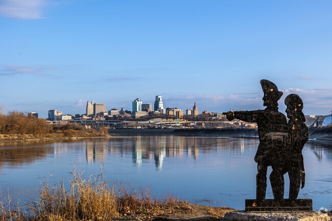Lewis & Clark point out merging Kansas & Missouri rivers at Kaw Point Park in Kansas City.