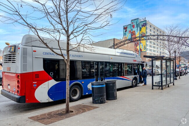 There are a few bus stops along High Street in Dennison Place.