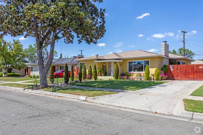 Tall shade trees stand along the sidewalks of the Roeding Park neighborhood.
