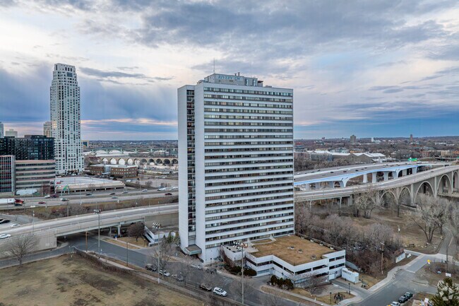 The Riverside Condominiums overlook the Mississippi River in the Cedar-Riverside neighborhood.
