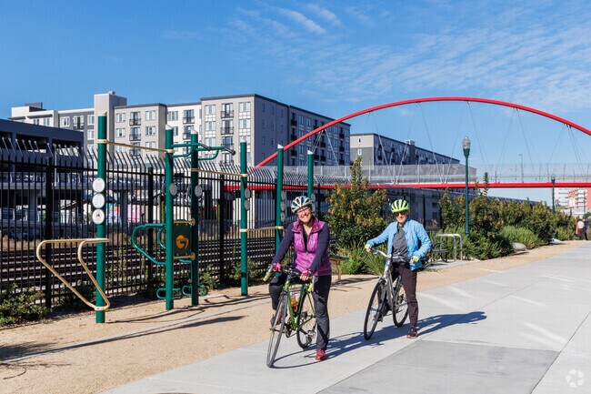 Bikers love Horton Landing Park’s trails alongside the city’s historic railroad tracks.