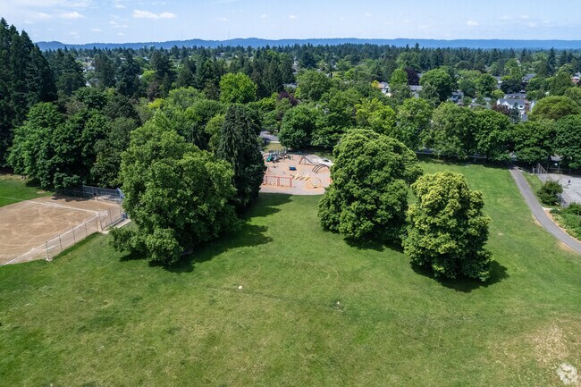An aerial view of the open field next to the playground at Fernhill Park.