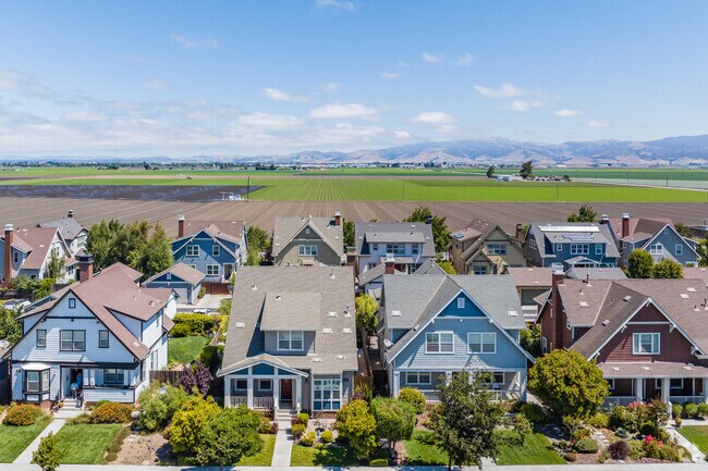 Row of new Colonials and two-story Craftsmans line the streets in Spreckels, California.