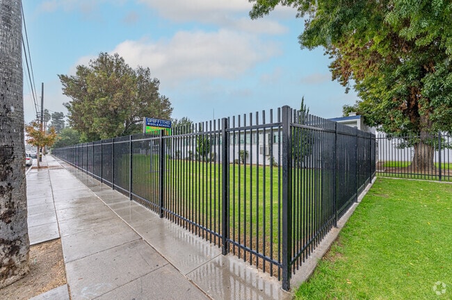 The front gated lawn of Griffiths Middle School in Downey