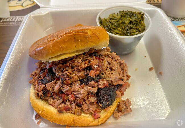 Culbertson's George’s Happy Hog Bar-BQ is famous for their brisket sandwich and collard greens.