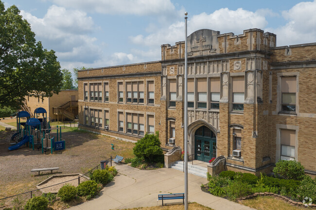 Entrance to St. Isidore Catholic Elementary school on Spring Ave in Grand Rapids, MI.