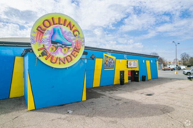 Rolling Thunder Skate Rink's colorful building welcomes residents for roller-skating fun.