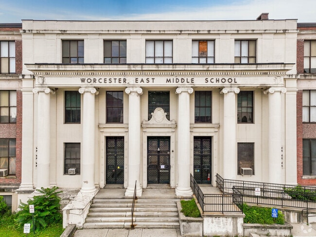 Worcester East Middle School has a classic scholarly New England style.