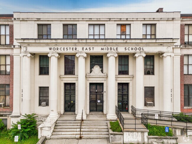 Worcester East Middle School, near Hamilton, has a classic scholarly New England style architecture.