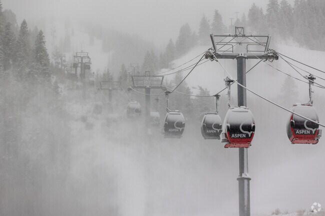 Snow-covered gondolas ascend Aspen Mountain for breathtaking alpine adventures.