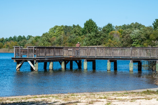 Morning calm over Van Sciver Lake offers water views in Falls Township.