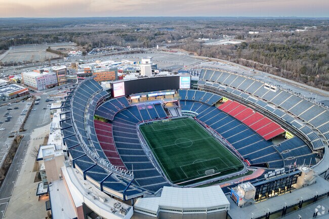 Gillette Stadium in Foxborough, MA, draws locals from West Wrentham, MA, for Patriots and Revolution games.