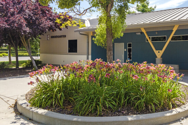 Flowers bloom in front of Fugman Elementary School in Fresno.