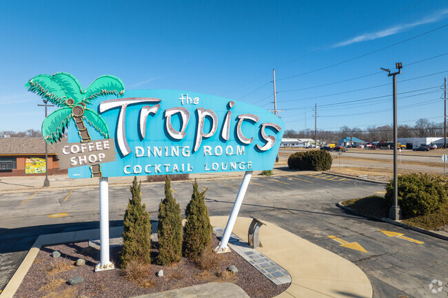 The Tropics neon sign is a unique midcentury modern attraction in Lincoln, IL.