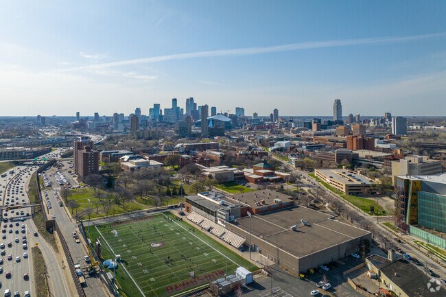 Augsburg University is located south of Riverside Ave in the Cedar-Riverside neighborhood.