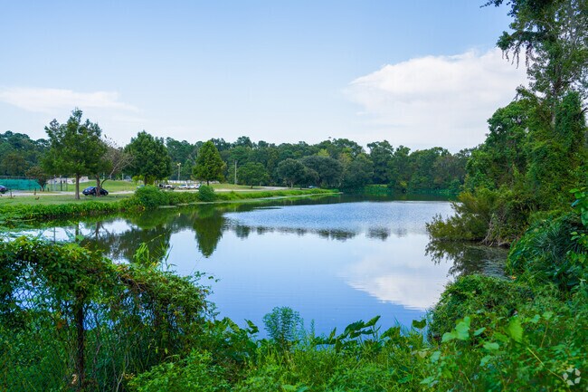 The blue waters of Lake Mayer near Mayfair encircle the park.