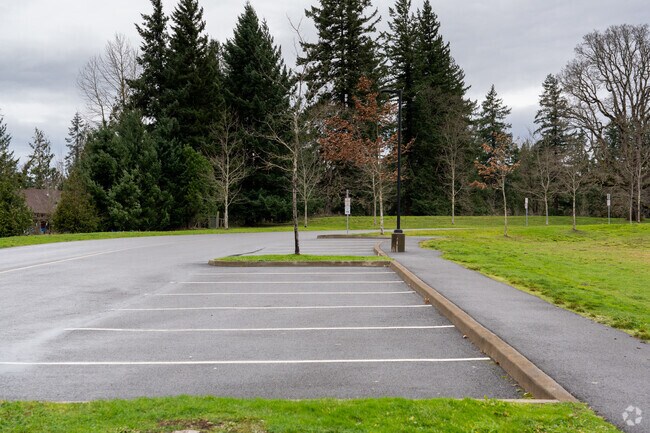Teacher parking sits to the right of the campus.
