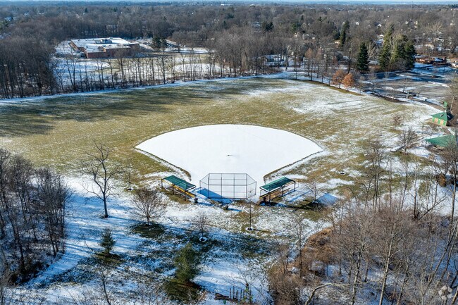 Veterans Park in Forestville includes a baseball field, basketball court, and a trail