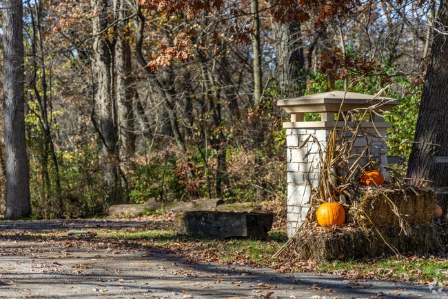 Stone home entrance with fall decor and pumpkins in Virgil.